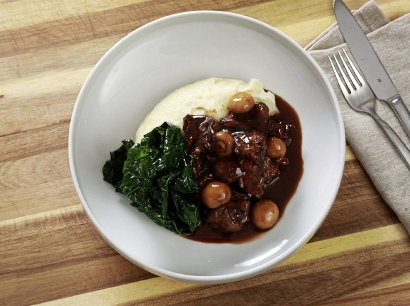Beef and mushroom casserole, poached rhubarb custard fool
&ndash; Waterman House