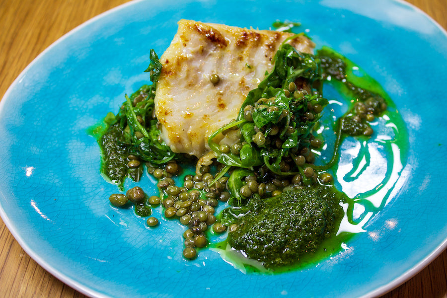 Niall McKenna's Cod with Lentils, Rocket & Salsa Verde