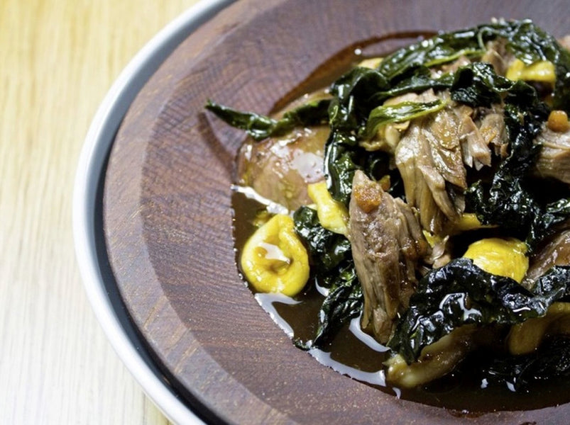 Lamb shoulder, orecchiette pasta and cavil nero and pork belly and spiced plum sauce