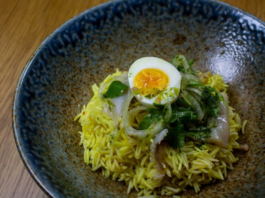 Kedgeree and trout with baby gem and peas