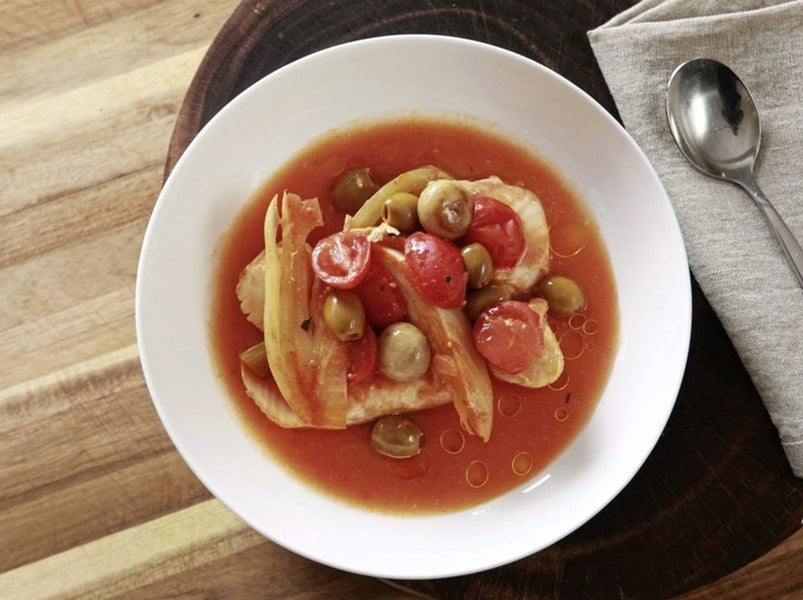 Tomato and fish broth, prawns and cod with fennel
