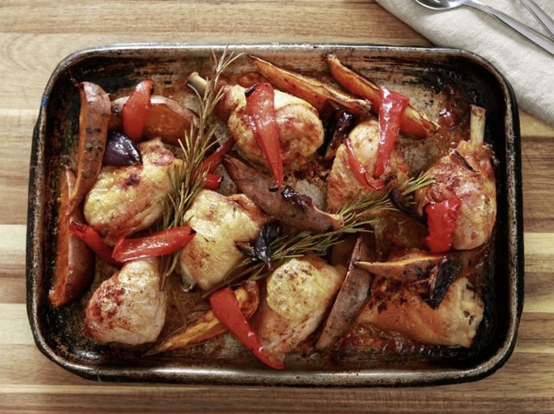 Spiced chicken with sweet potato and pepper & peaches