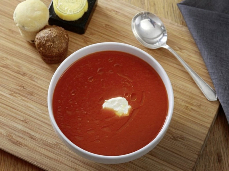 Red pepper soup and apple and blackberry cobbler