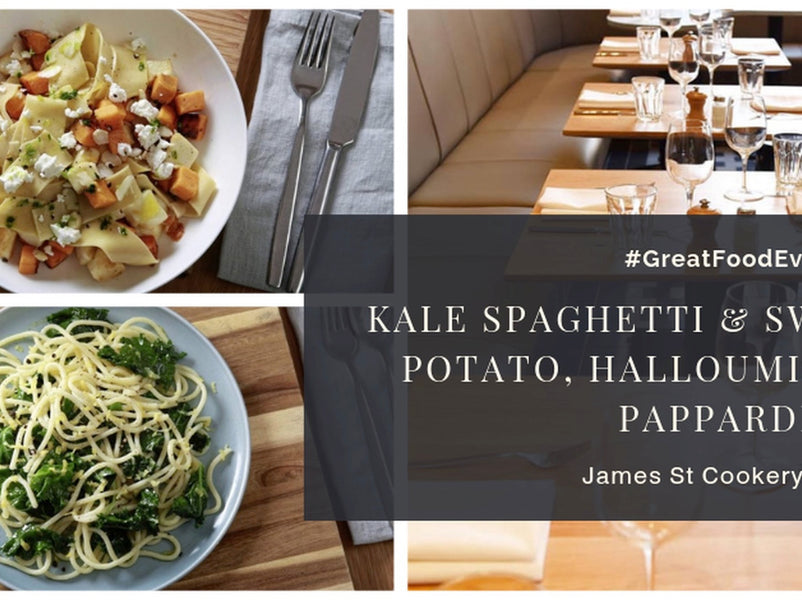 Kale spaghetti and sweet potato, halloumi & pappardelle