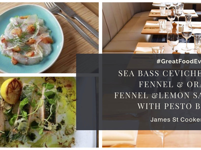 Sea bass ceviche with fennel and orange; Fennel and lemon salmon with pesto butter